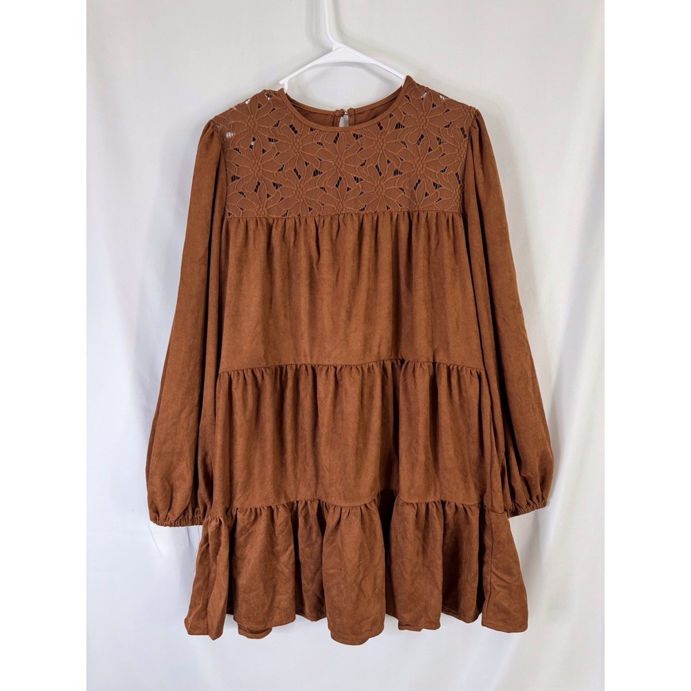 CUPSHE NWT Medium Rust Brown Tiered Mini Dress – Long‎ Sleeve Lace Yoke Boho